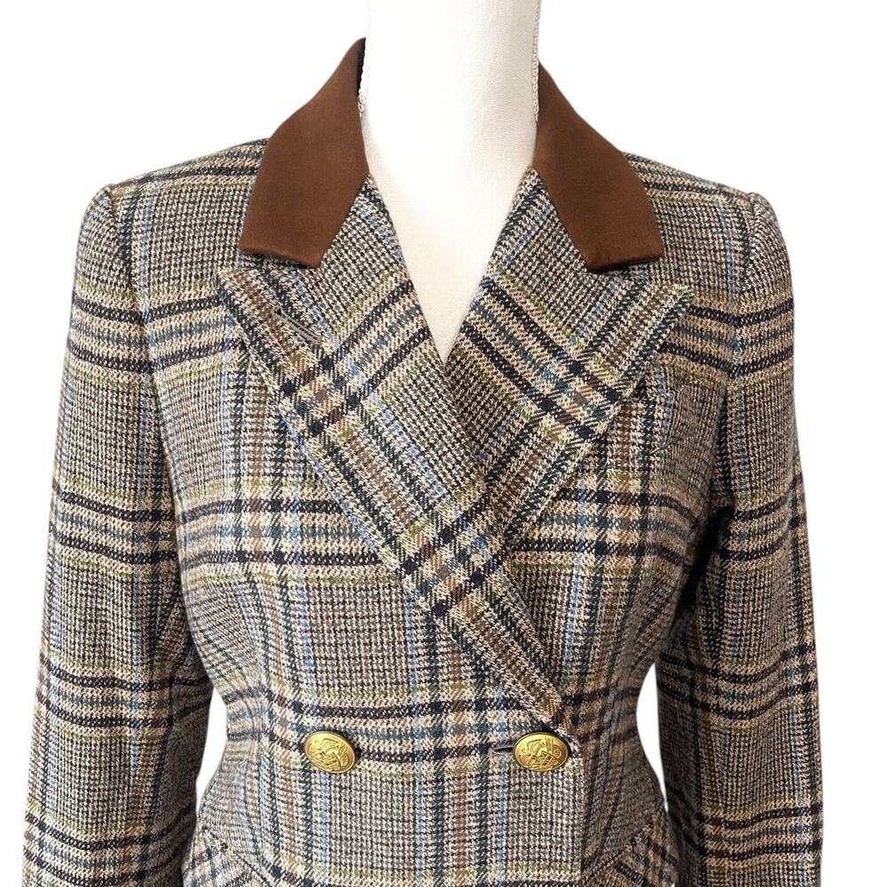 NWT SMYTHE Patch Pocket Wedding Blazer Tan Plaid Gold Buttons Size 8 - Picture 7 of 12